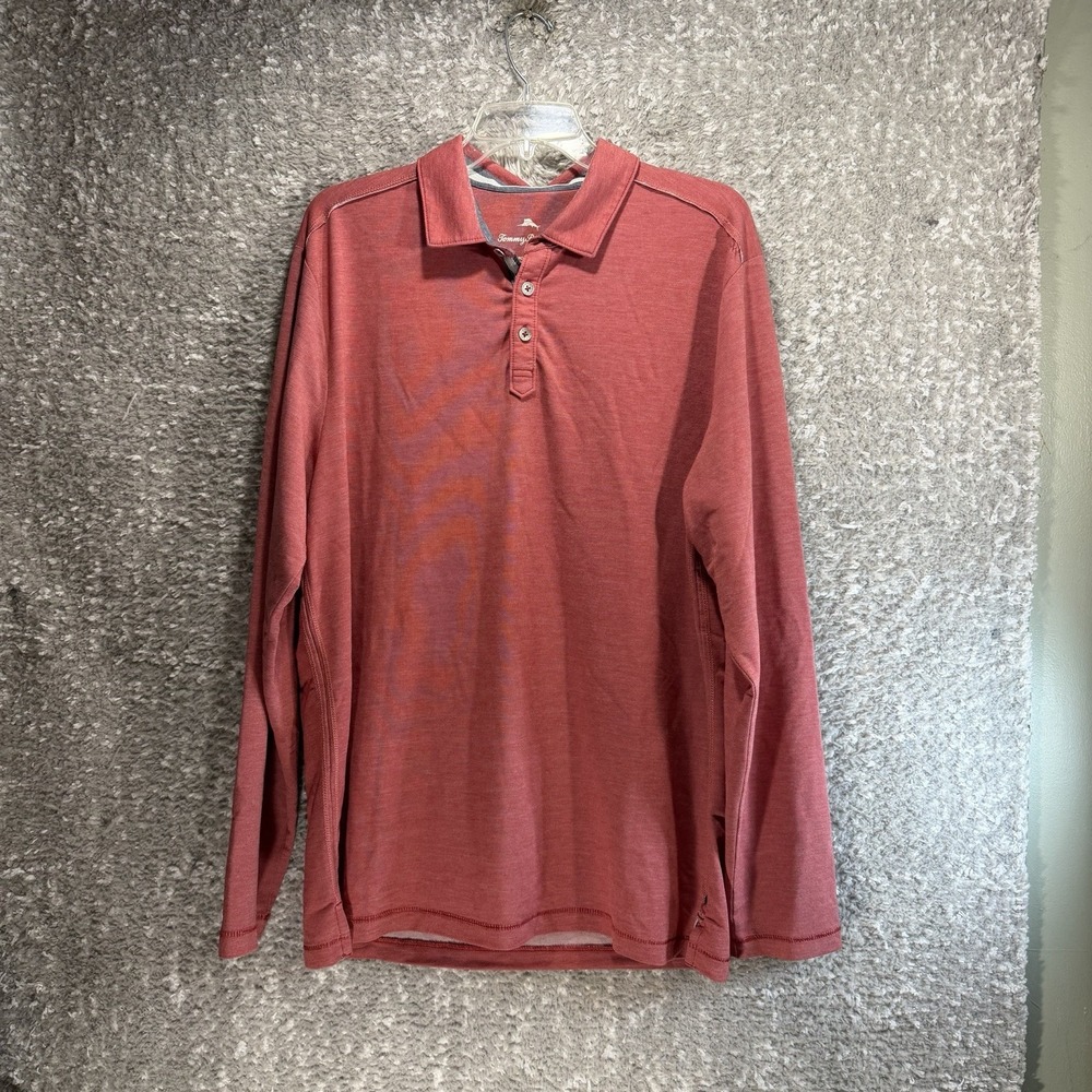 Tommy Bahama Mens Long Sleeve Polo Shirt Red Pink Large Preppy Casual Jacquard